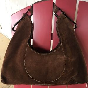 Furla Chocolate Brown Suede Hobo w White Stitching